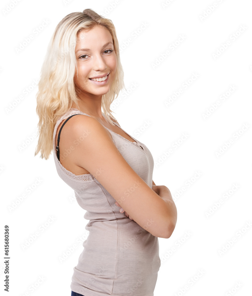 Happy woman, face and portrait with arms crossed in casual fashion isolated on a transparent PNG background. Female person or model standing in confidence and smiling in happiness for healthy body Happy woman, face and portrait with arms crossed in casual fashion isolated on a transparent PNG background. Female person or model standing in confidence and smiling in happiness for healthy body