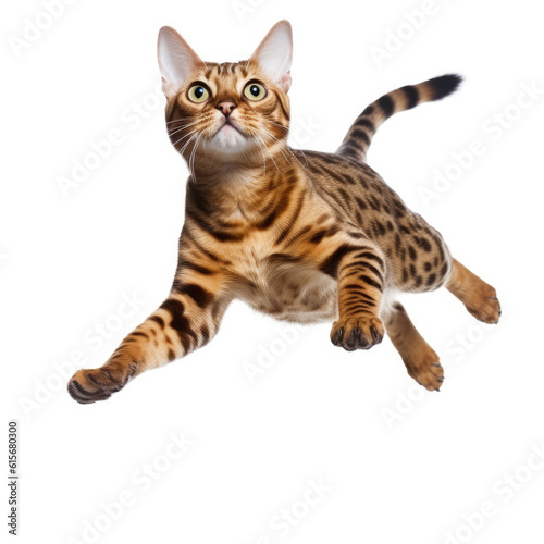Bengal cat  Felis catus  leaping in mid-air