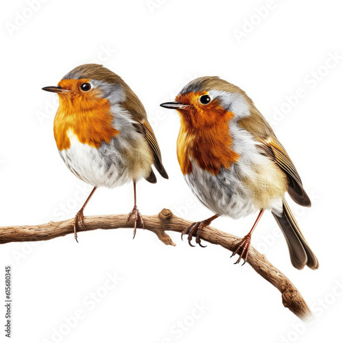 Two Robins (Erithacus rubecula) perching on a branch © blueringmedia