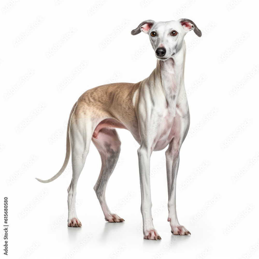 A full body shot of a graceful Greyhound (Canis lupus familiaris)