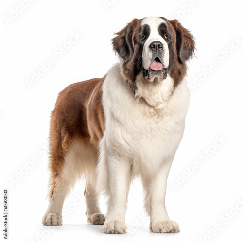 A full body shot of a gentle Saint Bernard (Canis lupus familiaris)