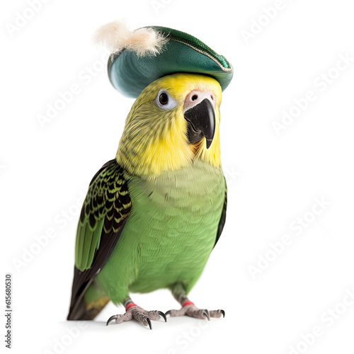 A Parakeet (Melopsittacus undulatus) with a pirate hat photo
