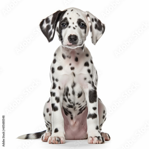 A full body shot of a happy Dalmatian puppy (Canis lupus familiaris)