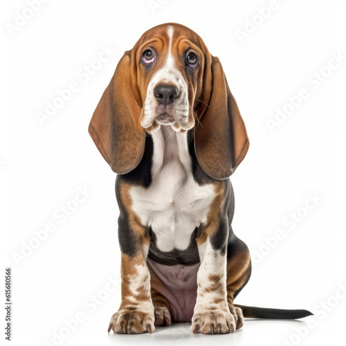 A full body shot of a sweet Basset Hound puppy (Canis lupus familiaris)