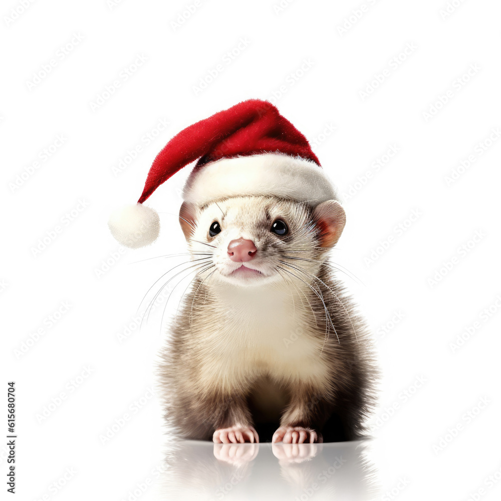 A Ferret (Mustela putorius furo) with a Christmas hat A Ferret (Mustela putorius furo) with a Christmas hat