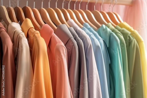 Colourful clothes on clothing rack, pastel colorful closet in shopping store or bedroom. Color clothes choice on hangers, wardrobe concept. ai generative