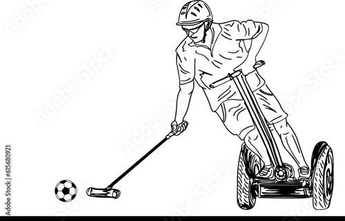 Sketch Illustration of Sportsman on Segway Playing Polo, Capturing Motion: Outline Drawing of Segway Polo Player, Graceful Segway Polo Player: Outline Sketch Illustration