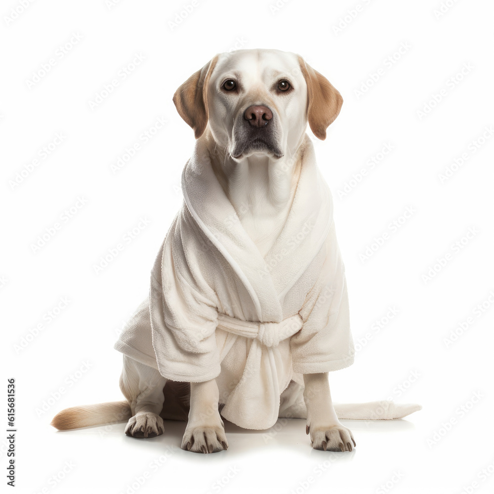 A Labrador Retriever (Canis lupus familiaris) with a bathrobe and slippers - obrazy, fototapety, plakaty 