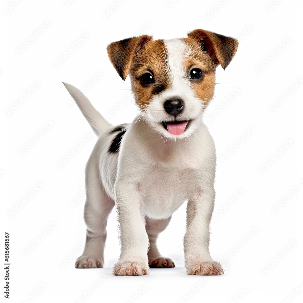 A full body shot of a playful Jack Russell Terrier puppy (Canis lupus familiaris)