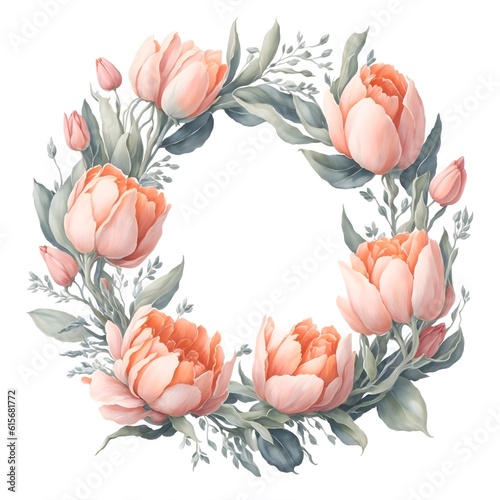 Watercolor floral wreath with tulips, green leaves and branches.