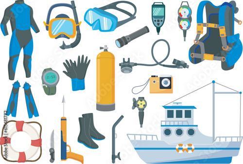 Set of snorkeling and scuba diving