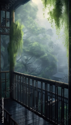 a small balcony full of mist surrounded by bamboo trees, in the style of animated gifs, emotional and dramatic scenes, , wet-on-wet blending, nature scenes. generative ai