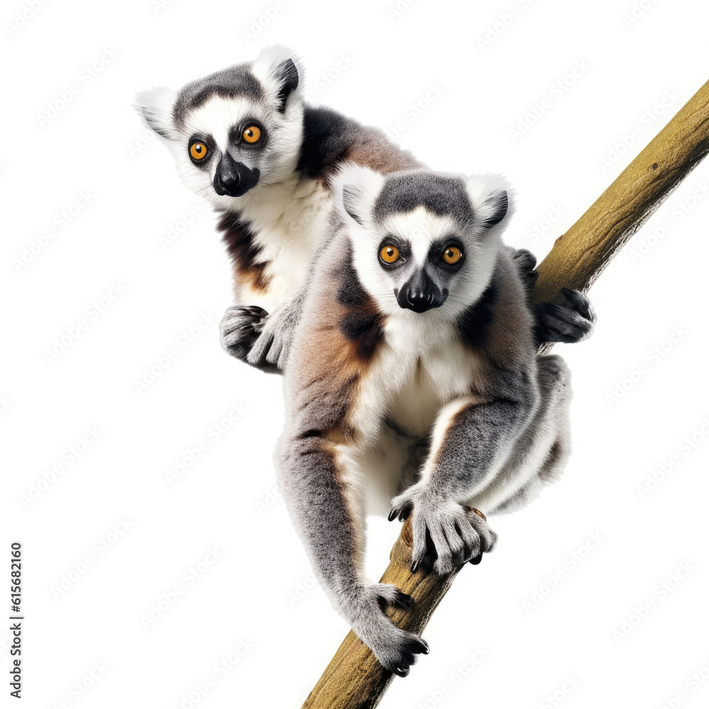 Fototapeta premium Two Lemurs (Lemur catta) hanging from a tree
