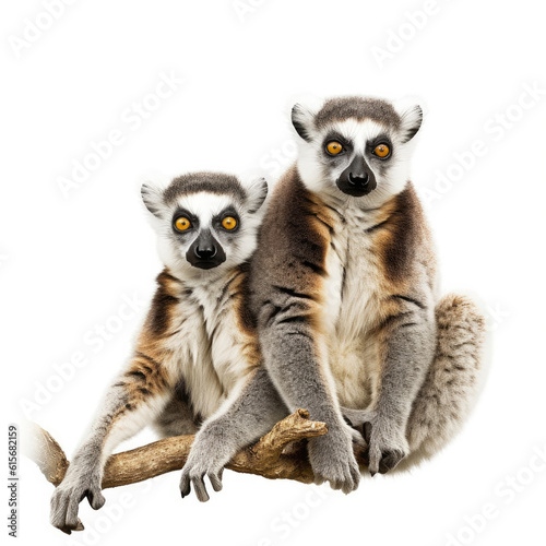 Two Lemurs (Lemur catta) hanging from a tree