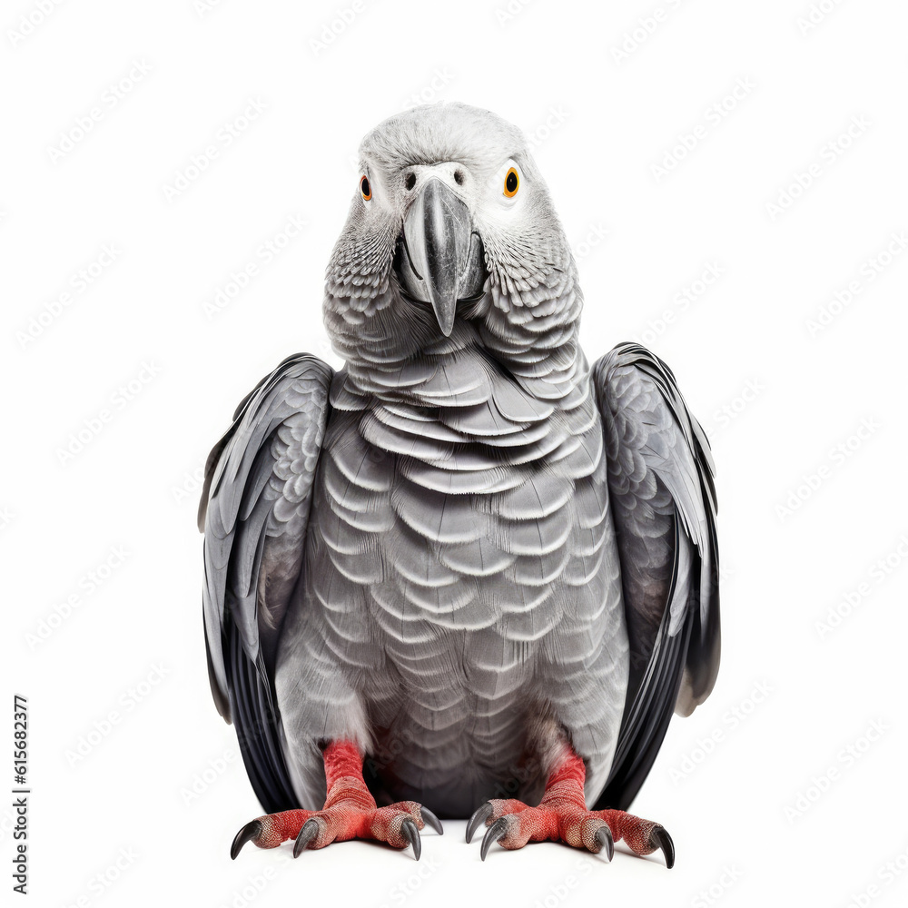 Fototapeta premium An African Grey Parrot (Psittacus erithacus) mimicking a yoga pose