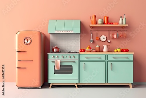 Mockup of retro kitchen with orange refrigerator. A retro kitchen in pastel colors in the style of light pink and orange, unique and minimalist backgrounds, light red and aquamarine. Generative AI photo