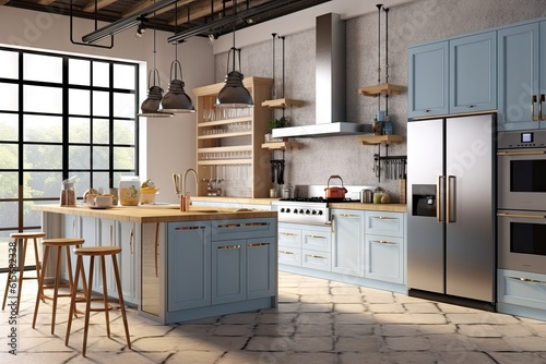 Mockup of an industrial style kitchen with blue cabinets and white counter tops, in the style of colorized, serene and peaceful ambiance, light gold and gray, light sky-blue. Generative AI photo