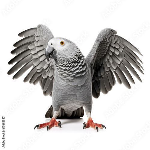 An African Grey Parrot (Psittacus erithacus) mimicking a yoga pose
