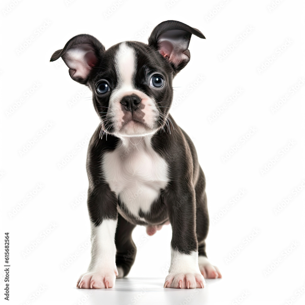 A full body shot of a playful Boston Terrier puppy (Canis lupus familiaris)