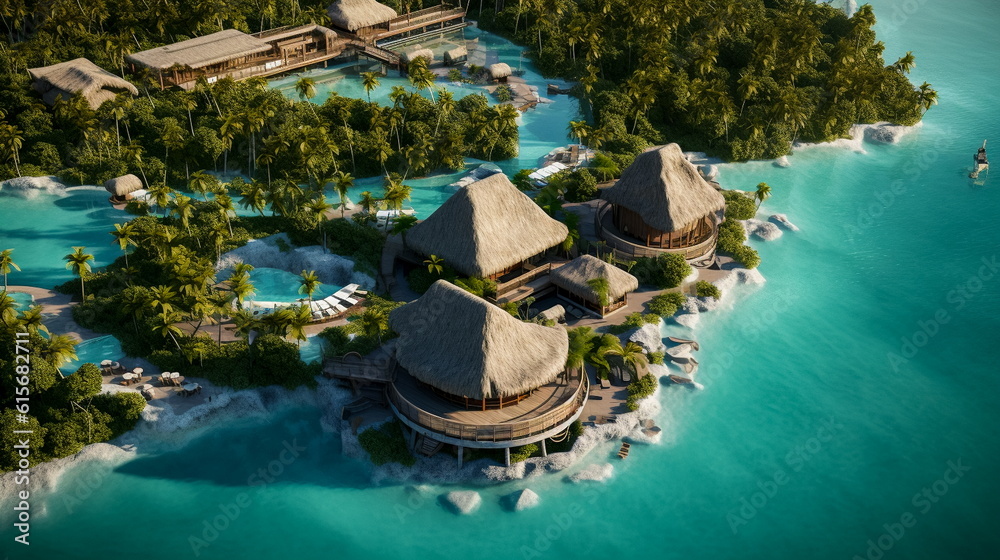 Aerial view of luxury villa on tropical island with palm trees and blue lagoon. AI generated Illustration