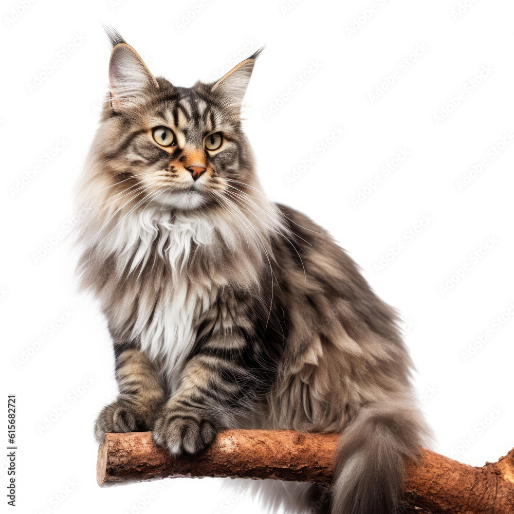Maine Coon cat (Felis catus) perched on tree branch, looking majestic and regal
