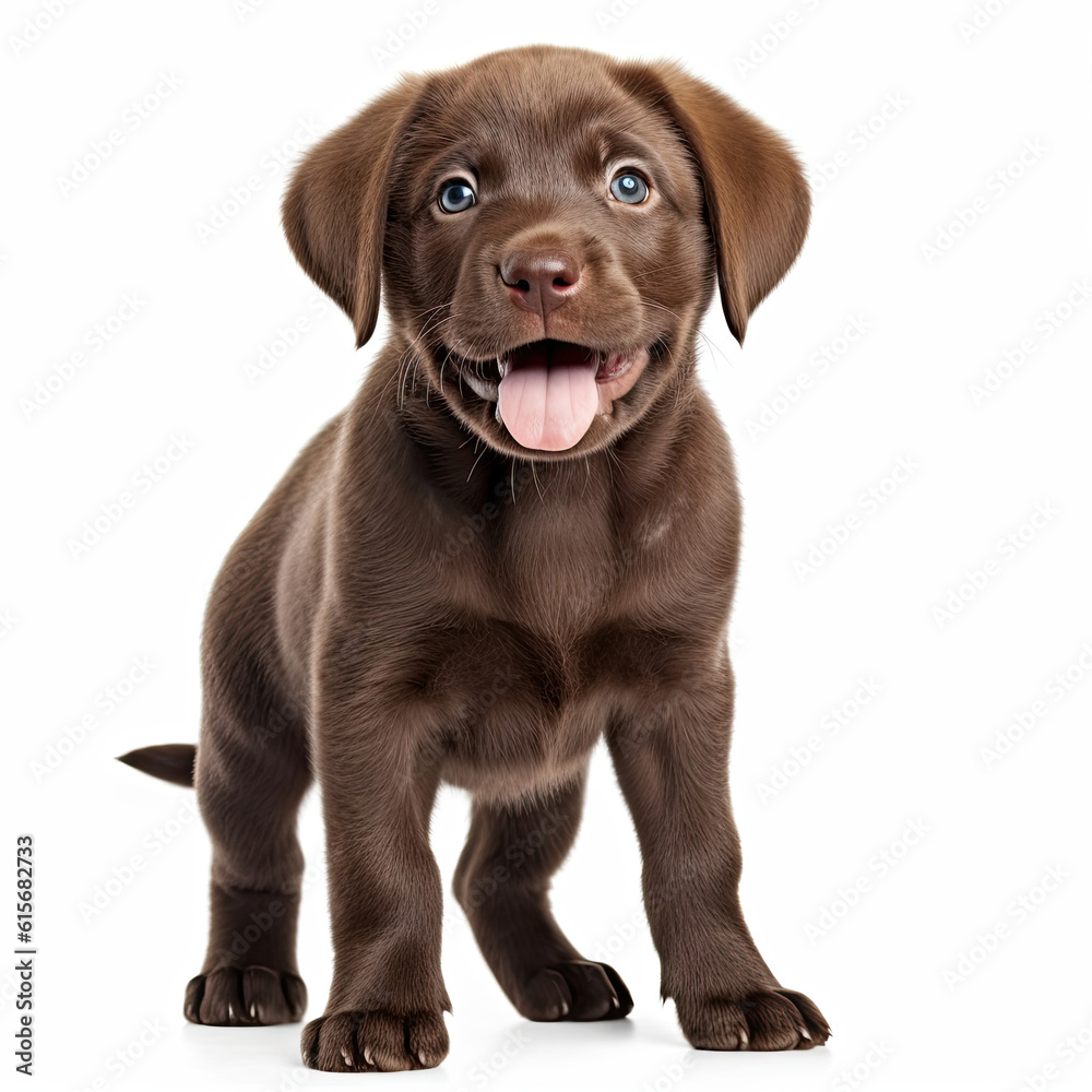 A full body shot of a playful Labrador Retriever puppy (Canis lupus familiaris)