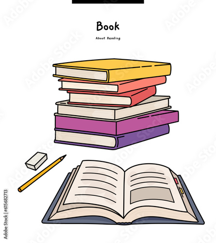 This illustration is a stack of books, books, pencils, and erasers.