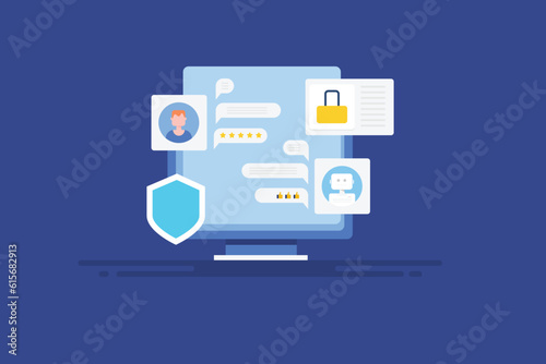 Sending encrypted message, Customer having a dialogue with chatbot, automate company support system, AI algorithm, data protection. Vector illustration web banner. 