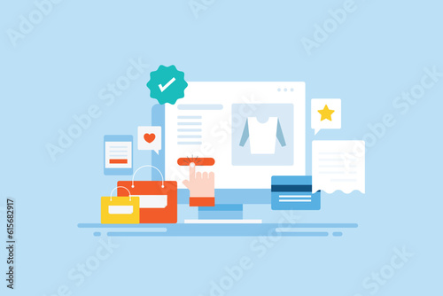 Hand pressing buy button on ecommerce online shopping store, secure banking transaction using credit card, shopping app, bill payment vector illustration.