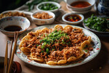 a plate of choipan with meat and chopped scallions