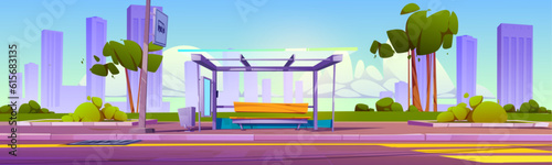 Bus stop station on city road background near sign. Public transport construction on street with bench and glass. Transportation highway near park crosswalk and cityscape view cartoon summer concept.