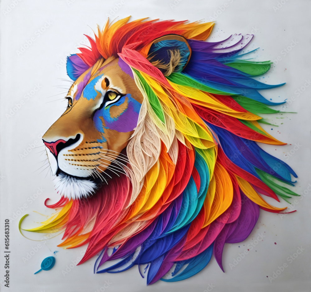 Colorful portrait of a lion head, paper quilling art.