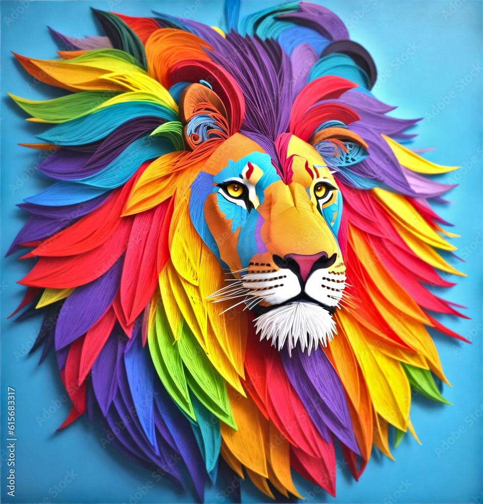 Colorful portrait of a lion head, paper quilling art.