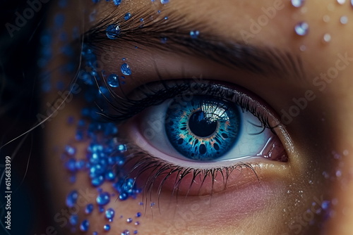 Close-up of beautiful female eye with blue make-up and sparkles. AI generated Illustration