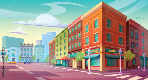 Vector city street with building and house cartoon illustration. Car on road and isometric apartment home exterior landscape. Nobody in town with vintage downtown shop design game day scene view. © klyaksun