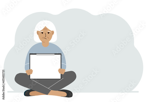 A old woman sits crossing his legs and holds a clipboard with a white read sheet for the text in his hands.