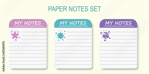 Scrapbook notes and cards. Diary, page notebook, notepad bookmark design. Daily planner element template. Personal memo, paper blank list, document, sticker, cardboard. Vector illustration.