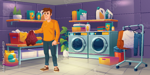 Man in laundry room with machine and iron cartoon interior illustration. Husband person wash and clean clothes in basement with housework equipment. Domestic dryer, detergent and powder on rack