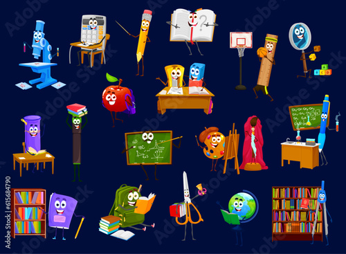 Cartoon school supply stationery characters, vector education personages. School backpack, pen and student bag with funny notebook, cute book and pencil on school study, pencil and ruler characters