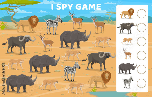 I spy game cartoon african savannah animals. Vector worksheet for calculation learning activity for children with zebra, rhino, buffalo, lion, antelope and cheetah in Africa savanna nature landscape