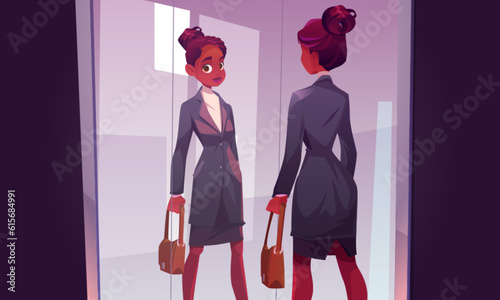 Black african woman character look in mirror vector. Girl beauty leadership in business suit standing in office. Afro american smart businesswoman manager or confident teacher in skirt holding bag.