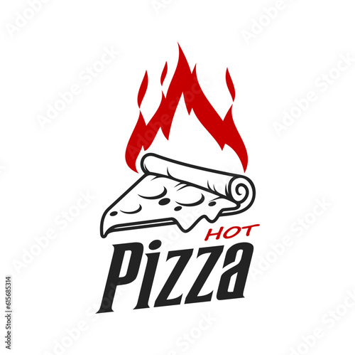 Pizza icon with fire flame, pizzeria or Italian restaurant vector symbol of pizza slice. Pizzeria and fast food pizza bar emblem for oven baked pizza with cheese melt drip, homemade pizzeria sign