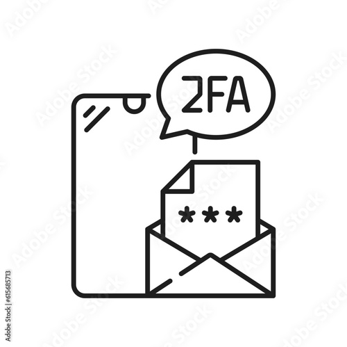 2FA two factor verification and 2 step authentication, vector icon of password in e-mail. 2FA authentication or MFA multifactor authorization of identity for login access via mobile phone or letter