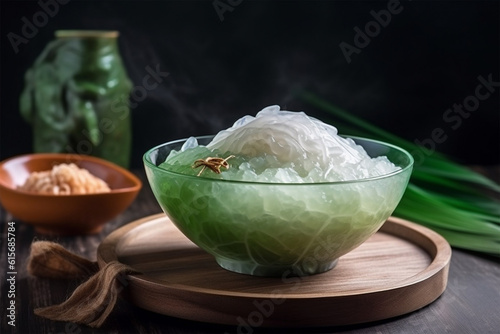 a bowl of ice cendol with pandan and coconut flavors photo