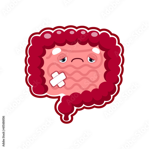 Cartoon sick intestines organ character with medical patch, unhealthy sad vector intestines. Stomach gut and digestive system health or gastroenterology disease, intestine indigestion or diarrhea