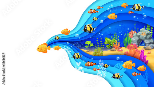 Cartoon tropical fishes, seaweeds, starfish and corals, underwater paper cut or sea landscape vector poster. Ocean undersea background in papercut with sunken sheep, sea coral reef in paper cutout