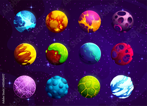 Cartoon alien fantasy space planets. Vector colorful fantastic galaxy ui game asteroids. Cosmic world objects with holes, frozen ice, pimples, green toxic goo, craters and glowing lava on surface