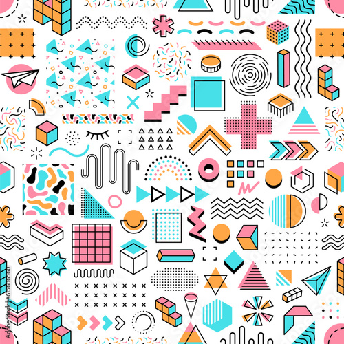 Memphis geometric shapes seamless pattern, vector background with abstract elements, colors and forms. Memphis pattern of line figures, pop art doodle dots and random circle or zigzag pattern
