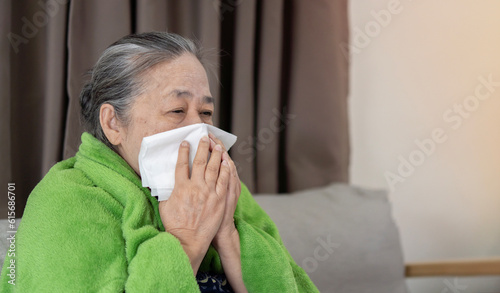 Middle-aged 60s sick frozen woman seated on sofa in living room covered with warm plaid sneezing holding paper napkin