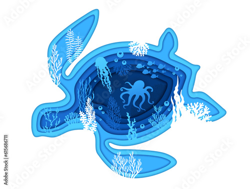 Sea turtle silhouette, underwater paper cut landscape and seaweeds, papercut vector. Octopus, fish shoal and jellyfish in undersea coral reef, ocean underwater landscape in paper cut 3D layers